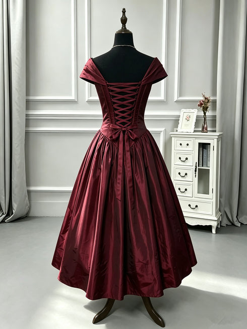 Elegant Wine Red Off Shoulder Tea Length Evening Dress, A-Line V-neckline Party Gown