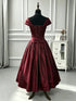 Elegant Wine Red Off Shoulder Tea Length Evening Dress, A-Line V-neckline Party Gown