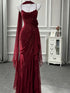 Wine Red Evening Dress Spaghetti Straps Mermaid Formal Dress,Wine Red Ruffled Chiffon Party Prom Dresses with Scarf