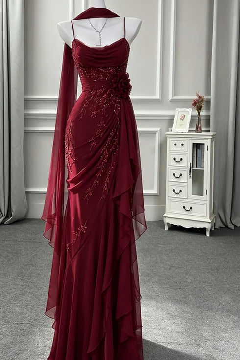 Wine Red Evening Dress Spaghetti Straps Mermaid Formal Dress,Wine Red Ruffled Chiffon Party Prom Dresses with Scarf