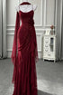 Wine Red Evening Dress Spaghetti Straps Mermaid Formal Dress,Wine Red Ruffled Chiffon Party Prom Dresses with Scarf