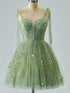 Cute Green Floral Tulle Straps Knee Length Homecoming Dress, Green Sweetheart Short Party Dress