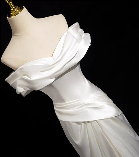 White Mermaid Satin Off Shoulder Long Party Dress, White Satin Wedding Party Dress