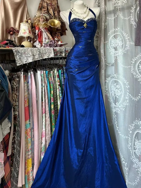 Royal Blue Halter Neck Mermaid Prom Gown, Ruched Satin Formal Prom Dress with Beaded