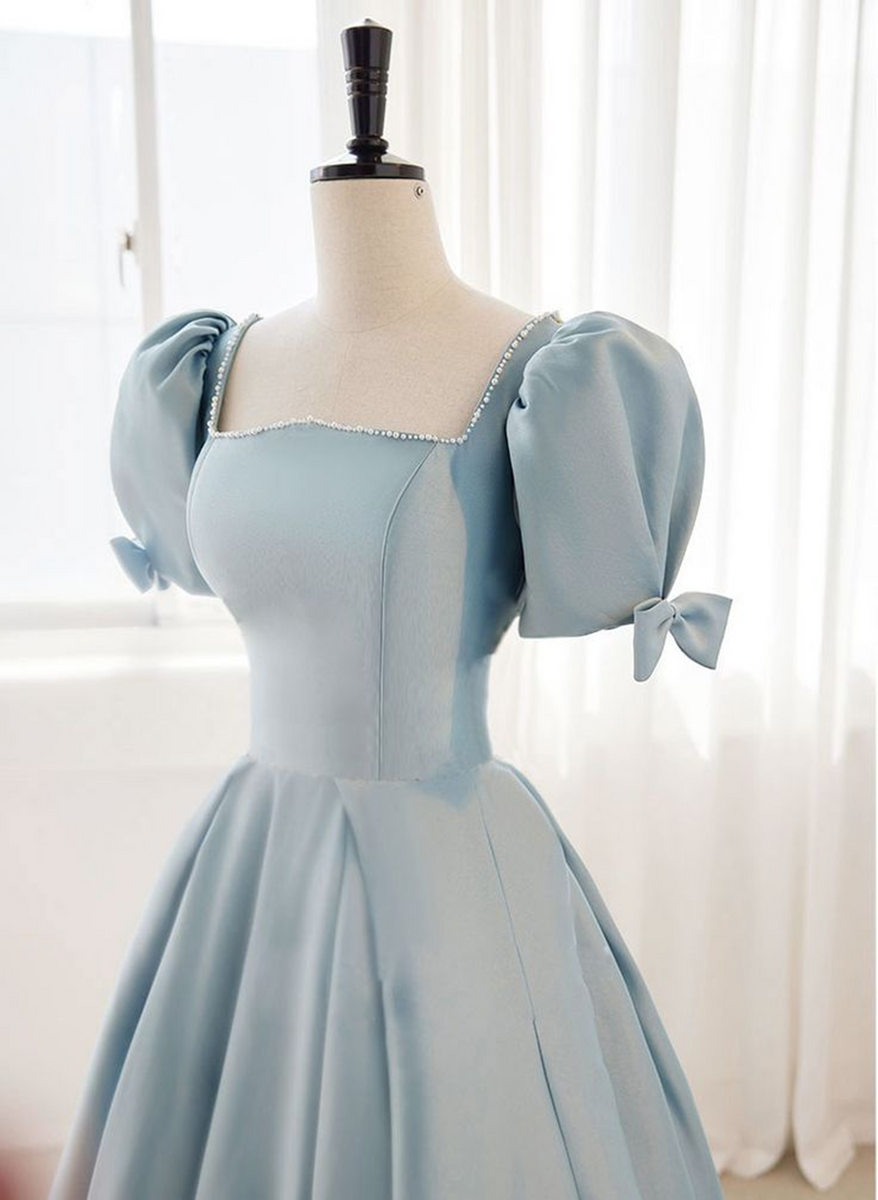 A-line Blue Satin Short Sleevs Long Formal Dress, Blue Simple Floor Le