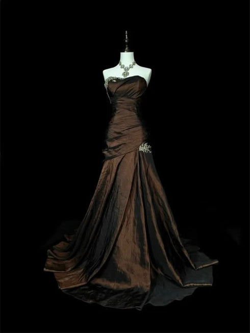 Elegant Brown Taffeta Mermaid Prom Dress with Lace Applique, Ruched Strapless Long Party Dress