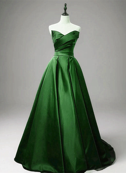 Green A-line Simple Satin Long Party Dress, Green Satin Prom Dress