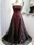 Black and Red Gothic Straps Long Prom Dress, A-line Strapless Lace Formal Evening Dress