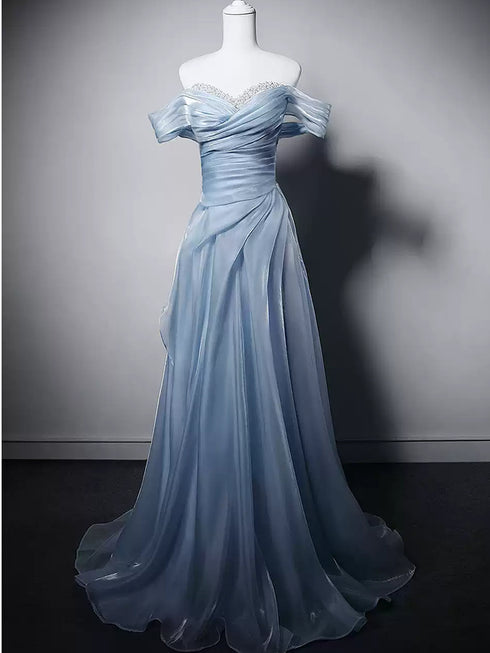 Light Blue Beaded A-line Strapless Long Formal Dress, Light Blue Long Prom Dress Evening Gown