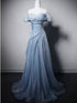Light Blue Beaded A-line Strapless Long Formal Dress, Light Blue Long Prom Dress Evening Gown