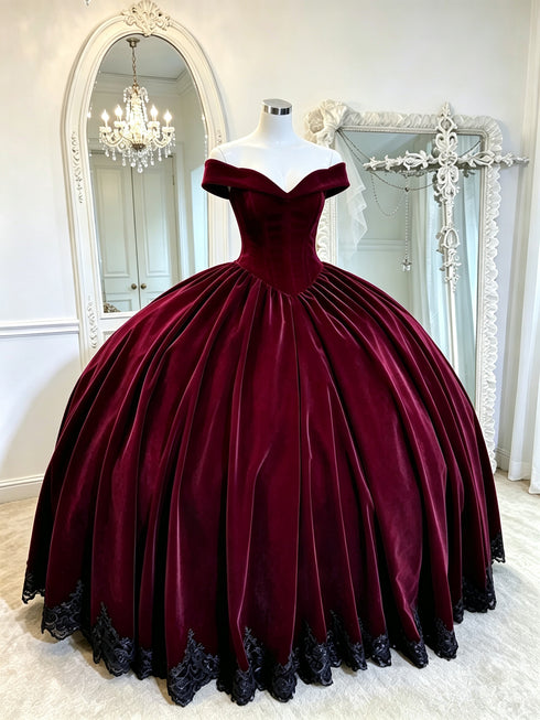Wine Red Velvet Off Shoulder Sweet 16 Ball Gown Dress, Velvet Gothic Lace Quinceañera Dress