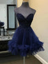 A-line Cute Beaded Navy Blue Straps V-neckline Party Dress, Navy Blue Tulle Homecoming Dress