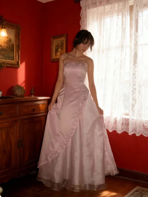 Charming Strapless Satin Pink Prom Gown, Embroidered A-Line Long Party Dress