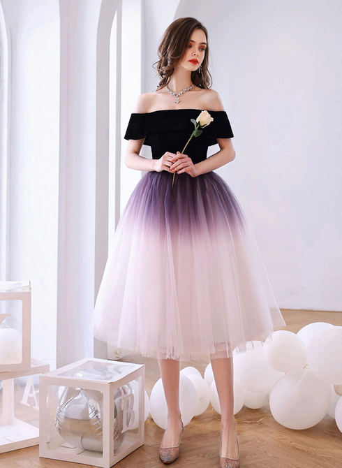 Purple Tulle Off Shoulder Gradient Party Dress, Purple Tulle Short Homecoming Dress