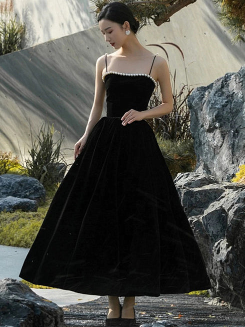 Elegant Velvet Black Straps Tea Length Party Dress, Black Wedding Party Dress