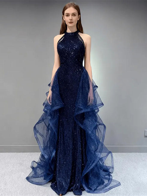 A-line Navy Blue Sequins and Tulle Party Dress, Navy Blue Halter Long Prom Dress