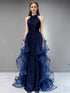 A-line Navy Blue Sequins and Tulle Party Dress, Navy Blue Halter Long Prom Dress
