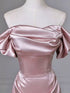 A-line Pink Off Shoulder Satin Long Party Dress Prom Dress, Pink Strapless Long Evening Dress