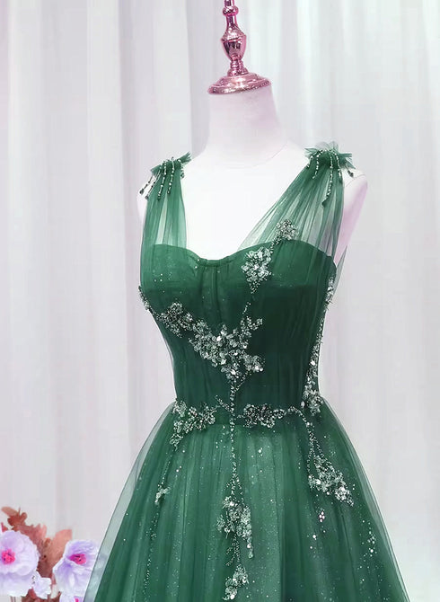 A-line Green Sweetheart Beaded Tulle Prom Dress, Green Tulle Long Evening Dress