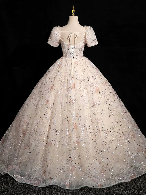 Lovely Short Sleeves Champagne Sweetheart Party Dress, A-line Lace Prom Dress