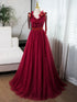 Wine Red Tulle V-neckline Straps Floor Length Party Dress, Wine Red Prom Dress