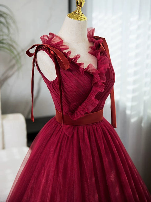 Wine Red Tulle V-neckline Straps Floor Length Party Dress, Wine Red Prom Dress
