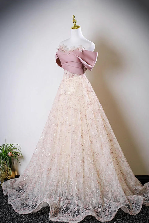 Beautiful Pink Satin and Lace Off Shoulder Formal Dress, A-line Pink Long Prom Dress