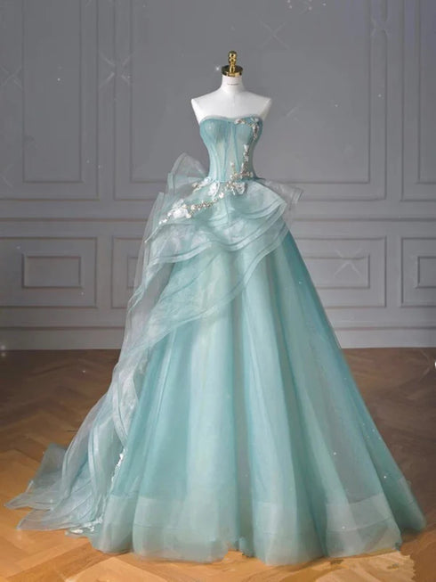 Light Green Tulle with Lace Applique Prom Dress, Light Green Tulle Long Formal Dress