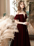 Wine Red Velvet Off Shoulder Simple Long Party Dress, Velvet Bridesmaid Dress