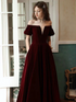 Wine Red Velvet Off Shoulder Simple Long Party Dress, Velvet Bridesmaid Dress