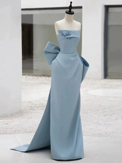 Light Blue Satin Low Back Long Party Dress with Bow, Light Blue Satin Prom Dress
