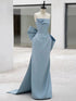 Light Blue Satin Low Back Long Party Dress with Bow, Light Blue Satin Prom Dress