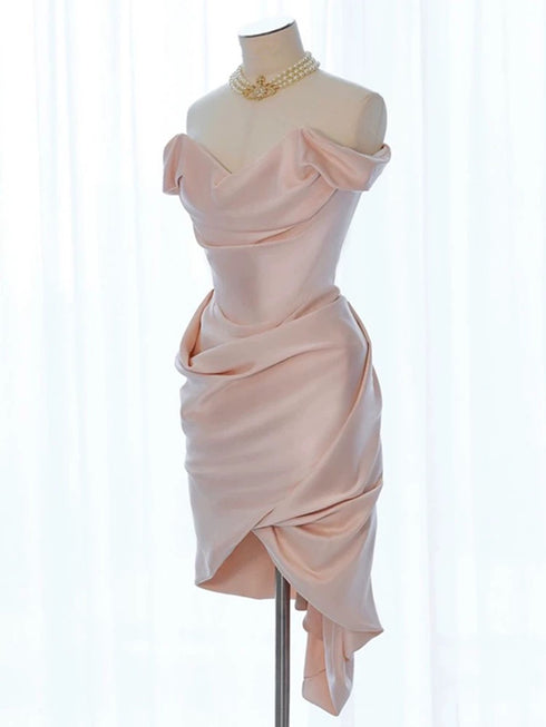 Pink High Low Sweetheart Off Shoulder Satin Party Dress, Pink Satin Homecoming Dress