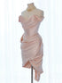 Pink High Low Sweetheart Off Shoulder Satin Party Dress, Pink Satin Homecoming Dress