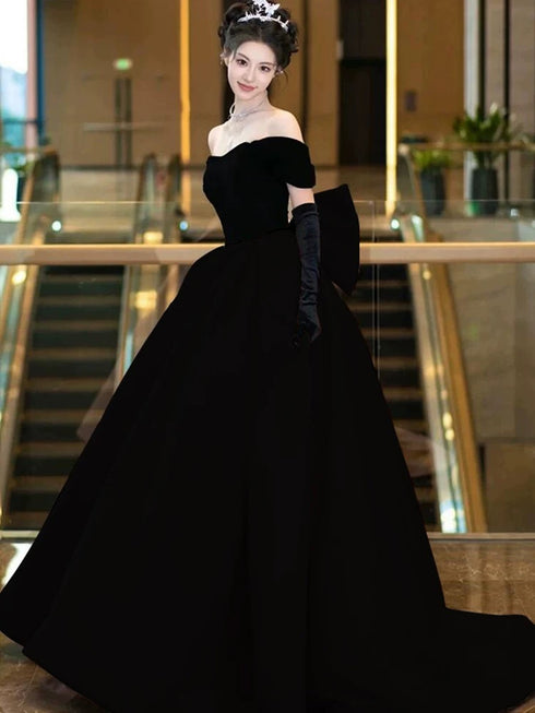 Black Velvet Off Shoulder Low Back Prom Dress with Bow, Black Velvet Evening Dress Party Dress