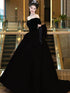 Black Velvet Off Shoulder Low Back Prom Dress with Bow, Black Velvet Evening Dress Party Dress