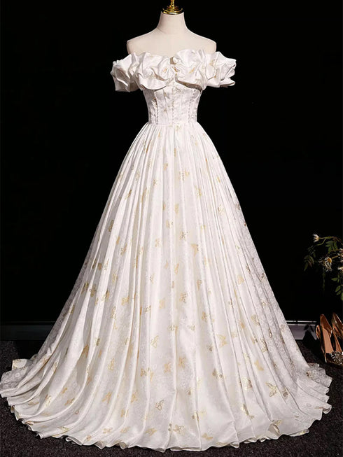 Beautiful A-line Floral Satin Off Shoulder Long Formal Gowns, Satin Floor Length Prom Dress