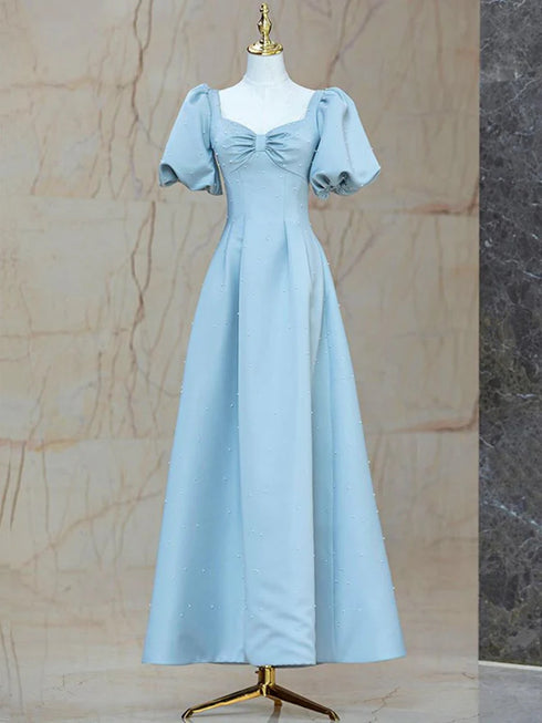 Blue Satin Pearls Short Sleeves Long Prom Dress, A-Line Blue Wedding Party Dress