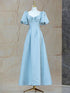 Blue Satin Pearls Short Sleeves Long Prom Dress, A-Line Blue Wedding Party Dress