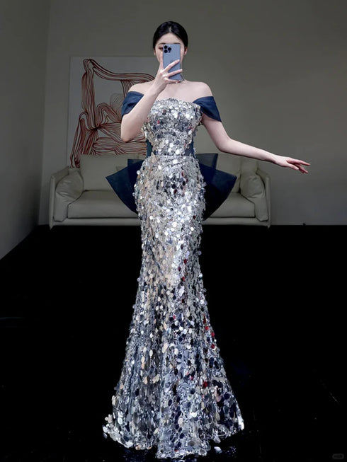 Charming Mermaid Off Shoulder Sequins Long Party Dress, Sequins Formal Dress Prom Dress