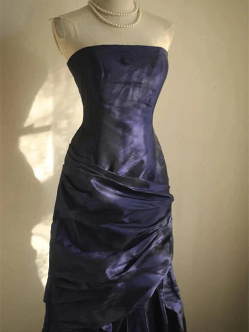 Navy Blue Scoop Taffeta Strapless Party Dress, Navy Blue Long Prom Dress Formal Dress