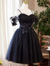 Navy Blue Tulle Short Homecoming Dress, Sweetheart Off Shoulder Navy Blue Short Prom Dress