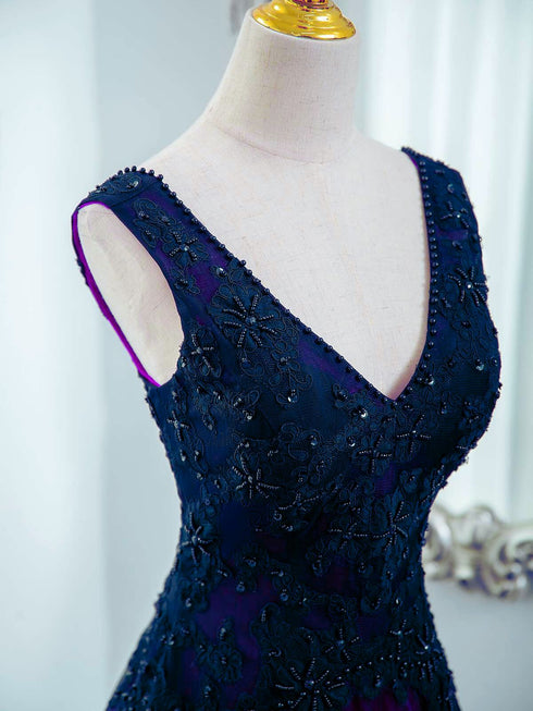 A-line Blue and Purple V-neckline with Lace Applique Party Dress, Blue and Purple Evening Dress