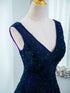 A-line Blue and Purple V-neckline with Lace Applique Party Dress, Blue and Purple Evening Dress
