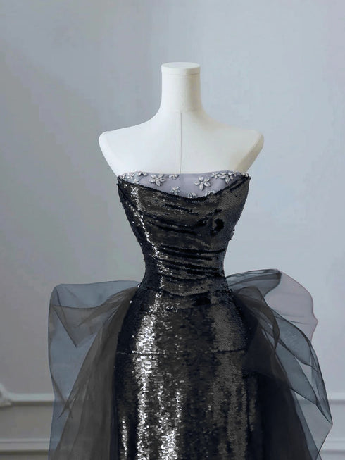 Black A-line Sequins with Tulle Long Formal Dress, Black Sequins Floor Length Prom Dress