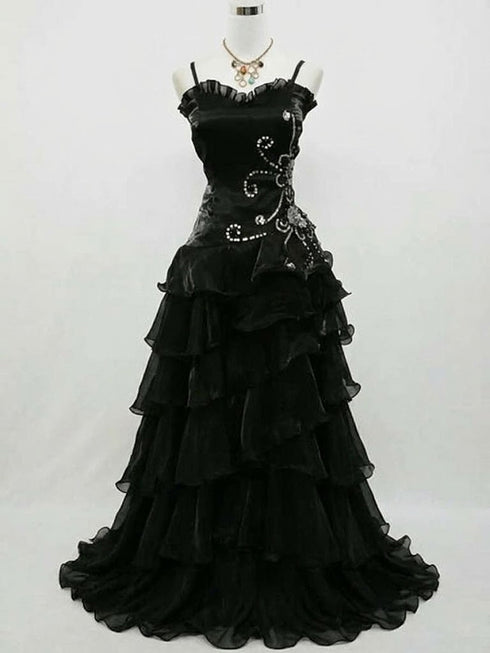 Black Organza Layers Beaded Straps Long Prom Dress, A-line Black Sweetheart Party Dress
