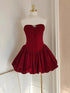 Glitter Wine Red Velvet Strapless Mini Dress, A-line Wine Red Velvet Homecoming Dress