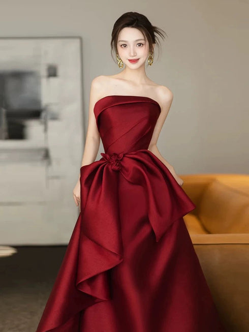 Wine Red Strapless A-line Satin Floor Length Party Dress, Wine Red Satin Evening Dress