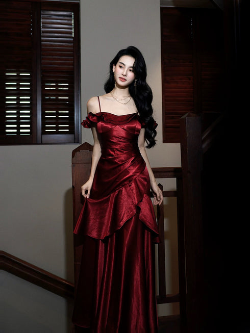 Wine Red Straps A-line Long Prom Dress Party Dress, Wine Red Satin Evening Dress