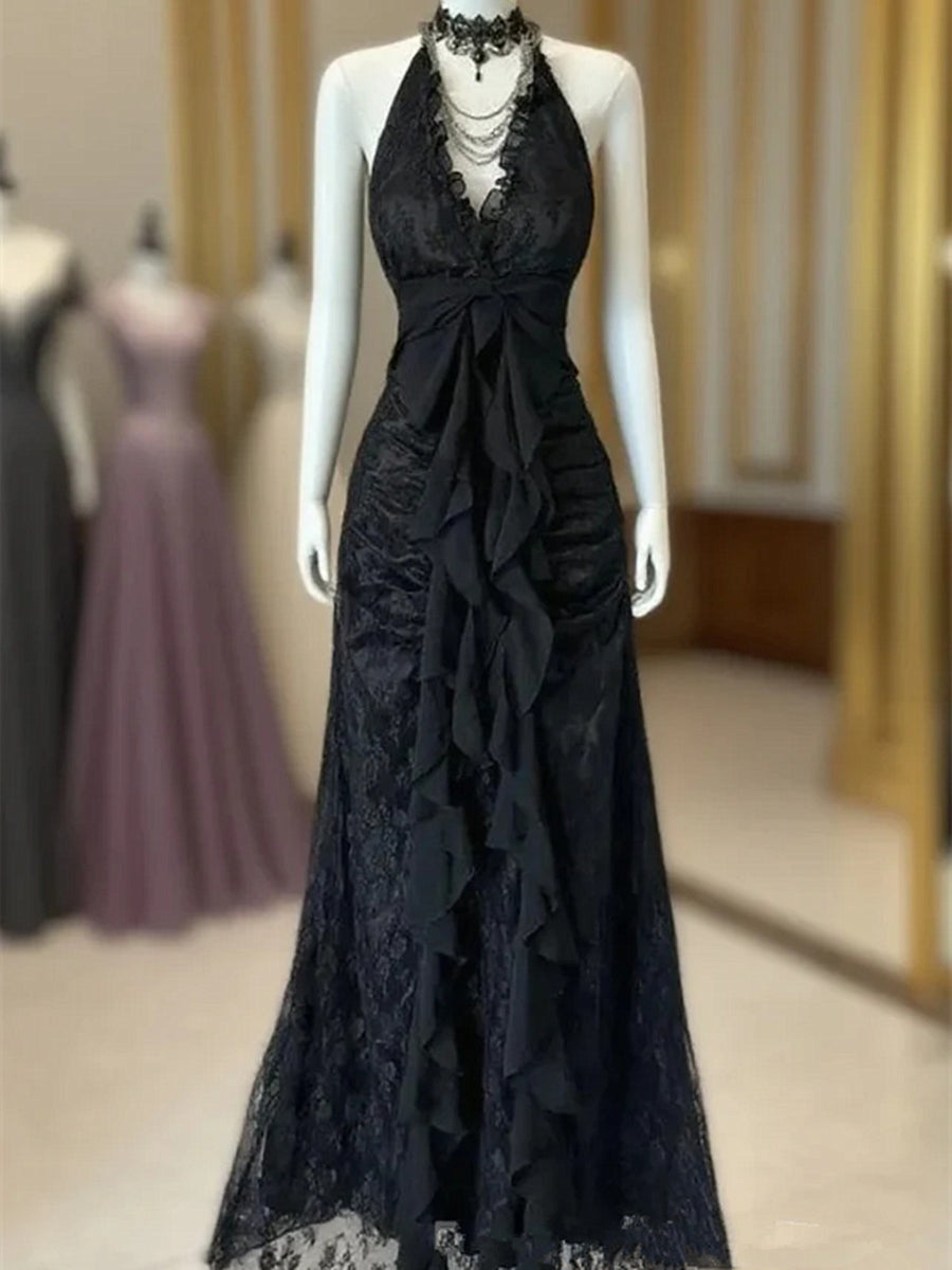 black lace halter prom dress A-Line Halter Floor Length Black Lace Prom Dress with Split PG742 US14 / Black